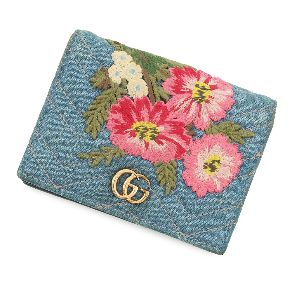 Gucci Bi fold Wallet GG Marmont Double GG Chevron Quilted Card Case Flower